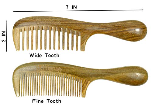 Pente de dente largo de yunzh e pentes de dentes finos, pente de madeira de sândalo verde natural para mulheres homens