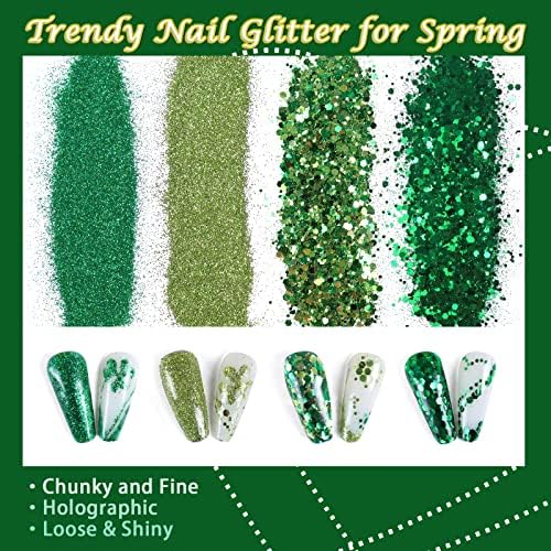 Allstarry unhas glitter 4 cores shamrock verde glitter glitter iridescente robusto flocos de unhas hexagon lantejas lantejoulas finas de primavera para a primavera de St. Patrick Manicure