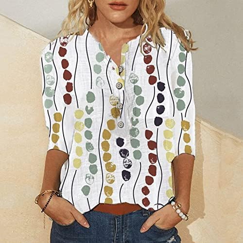 Top de blusa casual para mulheres algodão o pescoço de três quartos de mangas em Vo de decote em V Túnica gráfica de túnica