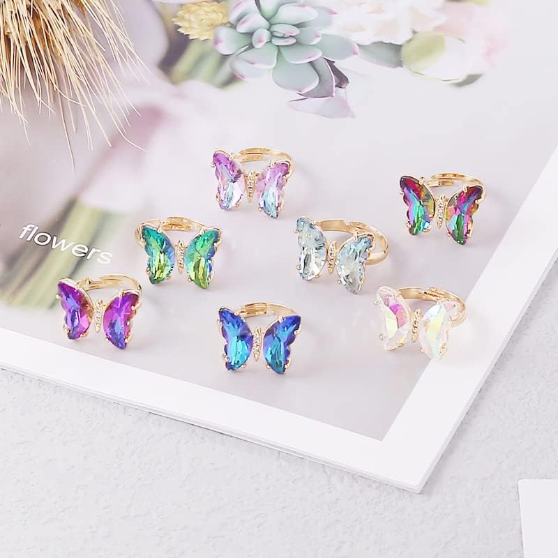 8 PCs Gold banhado 3d Ringas de borboleta acrílico Ajuste Ajuste Open Colorful Crystal Bowknot Band Rings para mulheres jóias para meninas