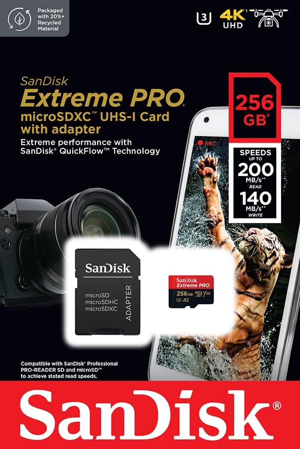 Sandisk 256 GB Extreme Pro Durável, Captura 4K UHD Video, 200 MB/s e 140MB/S Write MicroSD UHS-I Card para gravar aventuras