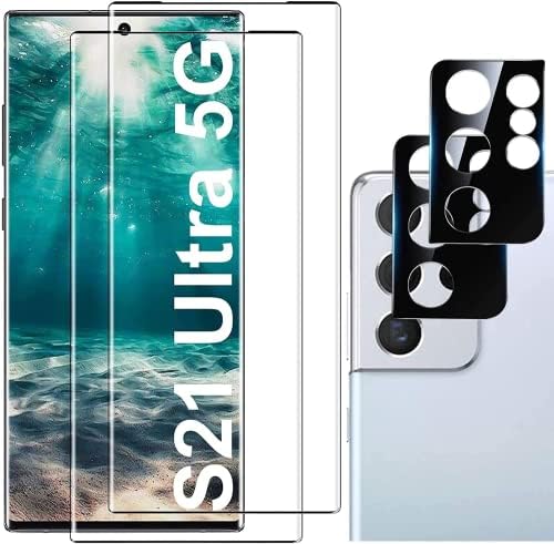[2+2 pacote] Galaxy S21 Protetor de tela Ultra de tela, vidro temperado 9H incluem dois protetores de lente de câmera, compatível com impressões digitais ultrassônicas, 3D Curved, HD Clear para Samsung S21 Ultra 5G Glass Screen Protector