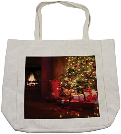 Bolsa de compras de Natal de Ambesonne, celebrações da cena de Natal com árvore e presentes da imagem de design da lareira, bolsa reutilizável ecológica para a praia de mercearias e mais, 15,5 x 14,5, creme