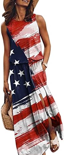4 de julho Vestidos para mulheres Casual USA Flag Stripe Star Long Maxi Dress Boho Summer Beach Um vestido de verão