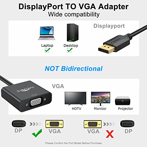 UV-Cable DisplayPort para VGA 2-Pack, Exibir porta DP para adaptador VGA Masculino para fêmea Black Compatível com DisplayPort