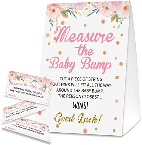 Oudiea Baby Shower Party Games, Floral Mease Mommy's Belly Game - 1 sinal e 50 cartões de adivinhação, meça o bebê