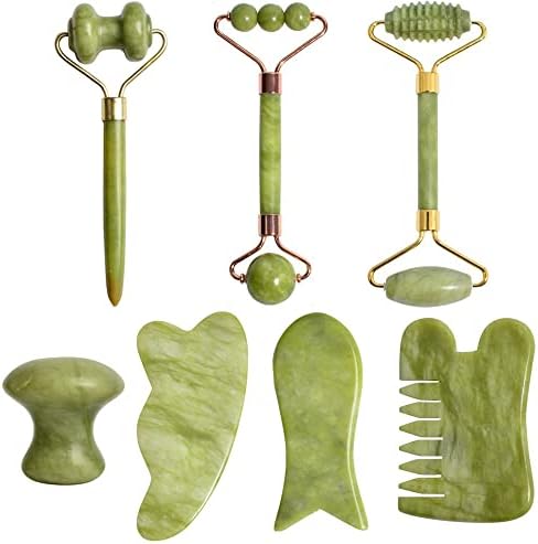 7pcs naturais jade gua sha ferramentas faciais rolos de face jade roller, anti -ruga de alívio da dor de alívio da ferramenta