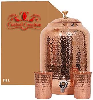 Conjunto de bebidas de cobre puro de fibra de fibra - panela de água de cobre 3,5 litros - 2 contêiner de água de cobre de vidro - Conjunto