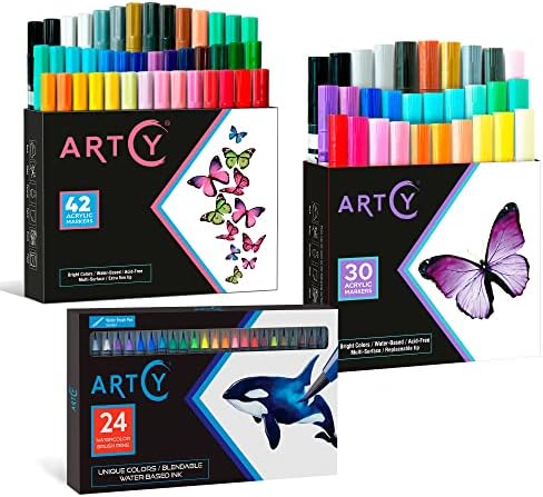 Conjunto de tinta de aquarela de Artcy, conjunto de 24 canetas de tinta aquarela vibrantes, 30 canetas de tinta acrílica ponta Med,