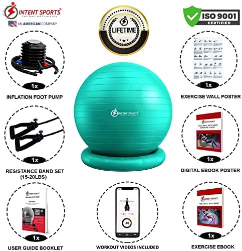 Intent Sports Yoga Ball Cadeir - Bola de estabilidade com base de estabilidade inflável e bandas de resistência, bola de fitness para academia em casa, escritório, melhora a dor nas costas, núcleo, postura e equilíbrio