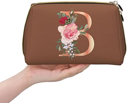 Moosan Large Travel Makeup Bag Zipper bolsa de couro Travel Organizador cosmético para mulheres e meninas bolsa de higiene pessoal à prova d'água letra floral b marrom