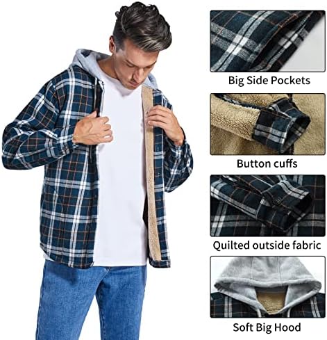 Derbars Men's Cotel Shande Camisetas Jaqueta de FleeCe Camisas de Flanela Sherpa Button Jackets Down com capuz para homens