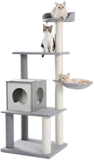 Torre de gato de gato moderna boerlky com postes de arranhões, condomínio aconchegante, rede macia e poleiro superior, bola