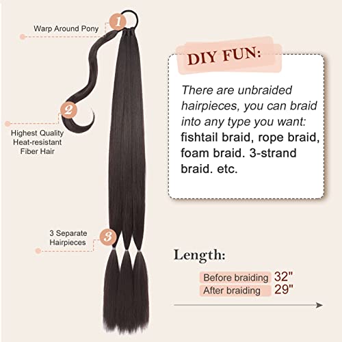 Nannan Long Natural Black Braided Ponytail Extensão para Mulheres Negras 32 polegadas Yaki Praço reto em torno de extensões de cabelo com cabelo