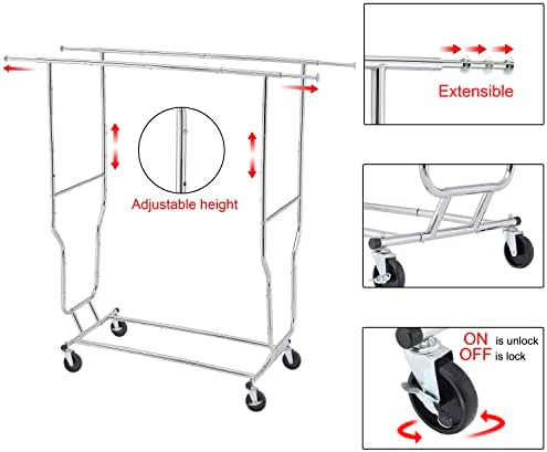 Rack de roupas Tajsoon, rack de vestuário de rolagem padrão extensível com rodas, elevável y Tipo de hastes duplas de serviço