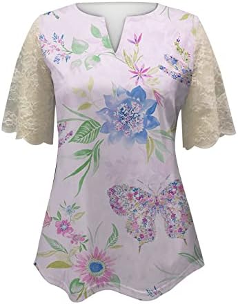 Tampas casuais de verão para mulheres femininas de renda floral casual manga pequena v camiseta de pescoço de pescoço