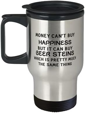 Funny Beer Stein Travel Caneca, dinheiro não pode comprar felicidade, mas pode comprar steins de cerveja, para cerveja stein amante 14oz caneca de viagem aço inoxidável com copo de tampa