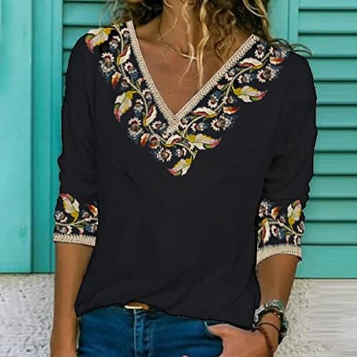 Tops de verão mexicano Mulheres 3/4 manga solta vúnicas casuais solteiras Paisley Paisley Floral Print Black Shirt Bloups