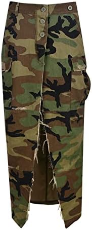 Mulheres Hopolsy Botão de cintura alta Saias de camuflagem sexy Prind midi saia com pocketscar moda Moda Slim Fitting