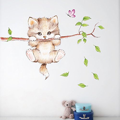 Amaonm desenho animado gato fofo nos galhos de árvores decalques de parede decalques removíveis adesivos de parede