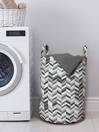 Bolsa de lavanderia de Chevron cinza de Ambesonne, imagem de ondas fractais minimalistas geométricas, cesta de cesto com alças