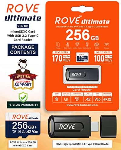 ROVE Ultimate Micro SD Card MicrosDXC 256GB CARTÃO DE MEMÓRIA COM USB 3.2 LEITOR DE CARDE CTER C TIPO 170MB/S C10, U3, V30, 4K, A2 para DASH CAM, Android Smart Phones, Tablets, Games