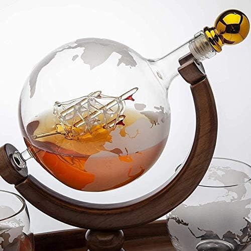 Whisky Decanter Whisky Glasses Set Whisky Decanter, Globo de navios com 2 copos de uísque mundial, linda garrafa de vinho artesanal, barco de amizade para licor, uísque, uísque, bourbon, vodka, 850ml