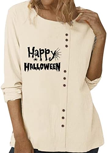 BEUU Business Casual Imprimir camisetas camisas de Halloween para mulheres Manga longa o Pescoço Tops de linho de