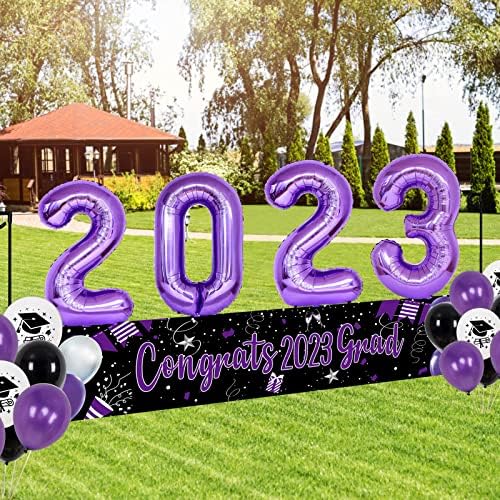 2023 Decorações de graduação, decorações de festa de formatura roxas e pretas com parabéns 2023 pano de fundo da faixa de graduação, balões de látex e balões de graduação 2023, suprimentos de festa de formatura decoração