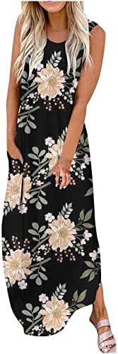 Vestidos de verão para mulheres, mulheres casuais solteiras com estampa floral sem mangas pescoço redondo bohemian Flowy lateral Slit Boho Maxi Dress