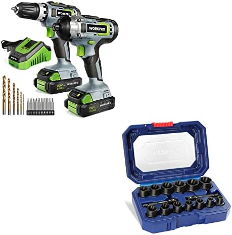 WorkPro 20V Kit de combinação sem fio, driver de broca e driver de impacto+workpro 15 peças parafuso de impacto e conjunto de removedor