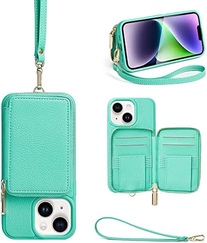 ZVE iPhone 14 Plus Wallet Case com alça, estojo com zíper com suporte para cartão RFID, estojo de bolsa de couro para mulheres de proteção compatível com iPhone 14 Plus 5G 6.7 '' - Mint Greeen