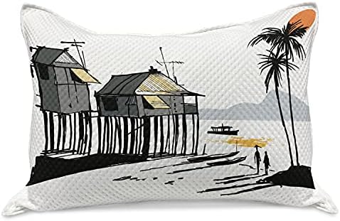Ambesonne Coastal malha colcha de travesseira, vila de pesca esboçada malaia em Cingapura com casas canoas palmeiras estampa, tampa
