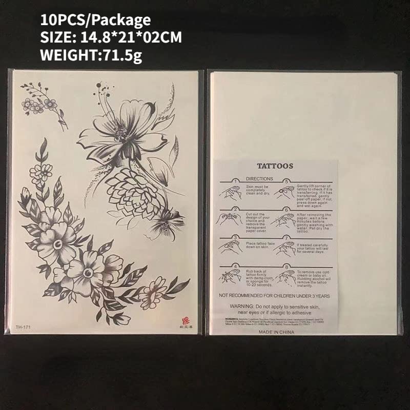 INTERIOOKIE 10pcs/pacote Flor lisa Tattoo preto Conjunto de adesivos de tatuagem manual Grande padrão de meio braço esboço de flor Flor