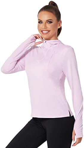Coorun feminino upf 50+ camisas de caminhada de manga comprida 1/4 zip capuz Sun Protection camisa ao ar livre com bolso do peito