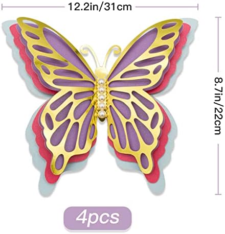 Decoração de parede de borboleta 3D, 4pcs 12 Borboleta grande com 4 asas e 5 pérolas falsas, decorações de festas de borboleta para