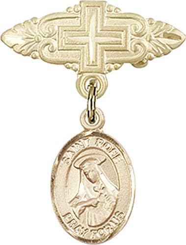 Distintivo para bebês cheio de ouro da Religiousion com o charme St. Rose of Lima e um pino de crachá com cruz