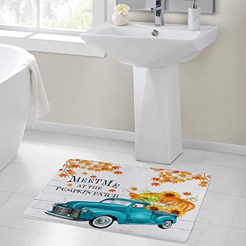 Tapete de banho de outono para banheiro, girassol amarelo e abóbora laranja no tapete de banheiro de caminhão azul vintage