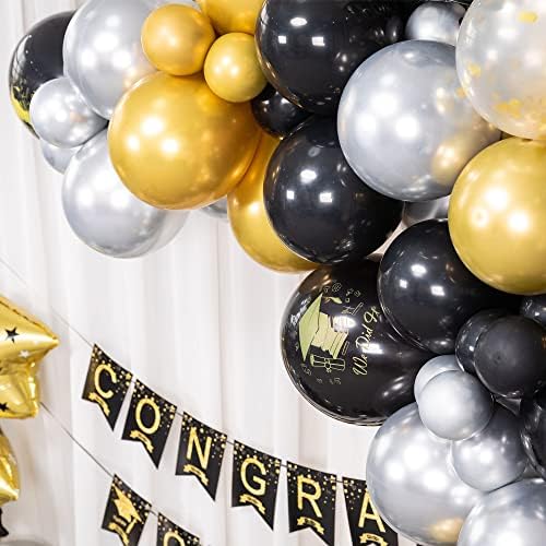 Kit de arco de pavimentação de graduação Saneryi Garland 119pcs Black Gold Silver Confetti Balloons Class de 2023 Cap Balon Banner Decorações de festa