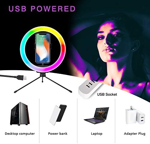 Luz de anel selfie de 10 RGB, SRUIM Desktop RGB Flash Ring Light com suporte de tripé e porta -celular, LED Dimmable Desktop Beauty Selfie Light para vídeo do YouTube, transmissão ao vivo, maquiagem