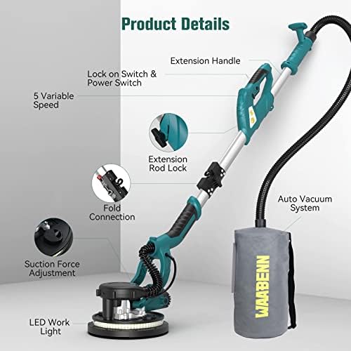 LANDER DRYWALL, WAABENN dobrável Parede retrátil Sander750W, 800-1750rpm Velocidade 5 Velocidades ajustáveis ​​de 12pcs Luz de