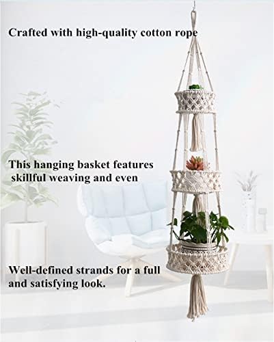 Pony River Macrame 3 cesta de frutas penduradas - armazenamento de alimentos de cozinha com 43 polegadas de decoração