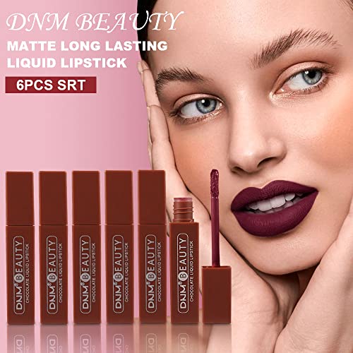 6 PCs Chocolate Lipstick Matte Liquid Lipgloss Lip Gloss Stain Makeup Conjunto para mulheres, Red escuro profundo 24 horas