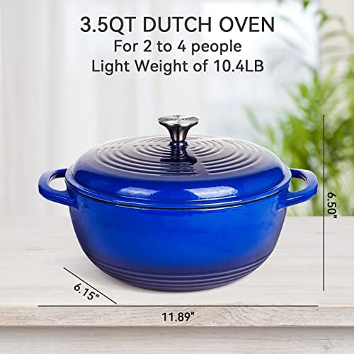 MagicPlux Pote de forno holandês com tampa, forno holandês de ferro fundido de ferro fundido 3,5 quart, panela de ferro fundido para cozinhar, azul