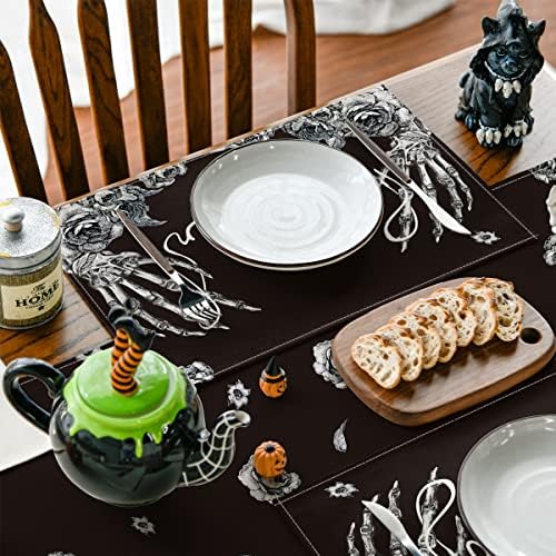 Modo Artóide Esqueleto Hands Halloween Placemats Conjunto de 4, 12x18 polegadas Fall Floral Spider Table tapetes para