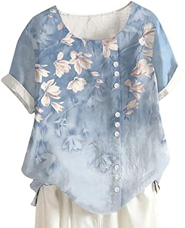 Ladies superior de manga curta de linho de algodão Crewneck boat pescoço gráfico floral blusa vintage camiseta