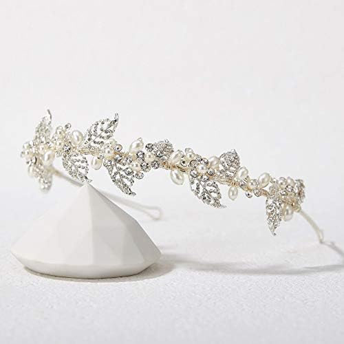 Sweetv Pearl Bridal Head Band tiara Silver Tiara para o capacete de noiva Crystal Leaf Hair Acessórios Jóias Tiaras Para Mulheres