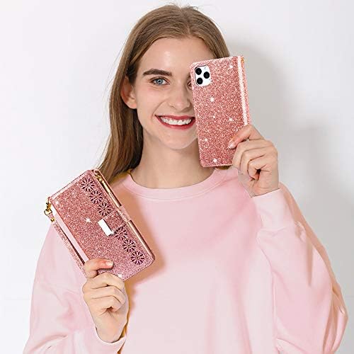 Carteira de capa de telefone do iPhone 13, Kudex Sparkly Bling Glitter Folio Leatra de couro inteiro Proteção de corpo com zíper de bolso de bolso dobrável bolsa de telefone com pulso titular de carteira de pulso para iPhone 13