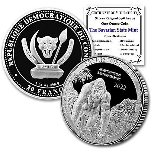 2022 CD 1 oz Congolês prata gigantopithecus moeda - série de vida pré -histórica brilhante não circulada com certificado de