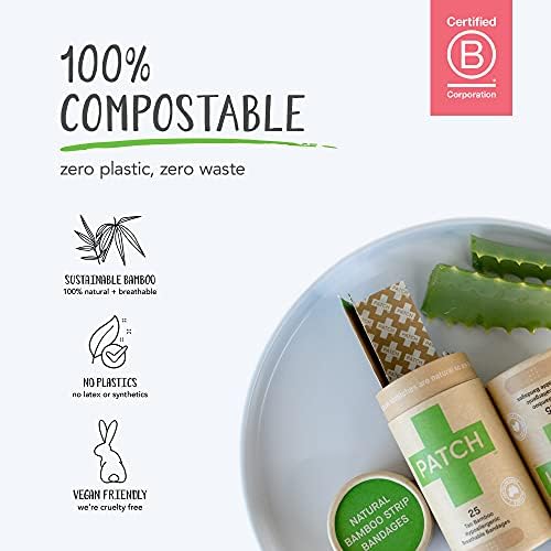 Patch Bamboo Bandrages para Burns & Blisters, Cuidados de feridas hipoalergênicas para pele sensível - compostável e biodegradável, livre de látex, sem plástico, zero resíduos, aloe vera, 25ct